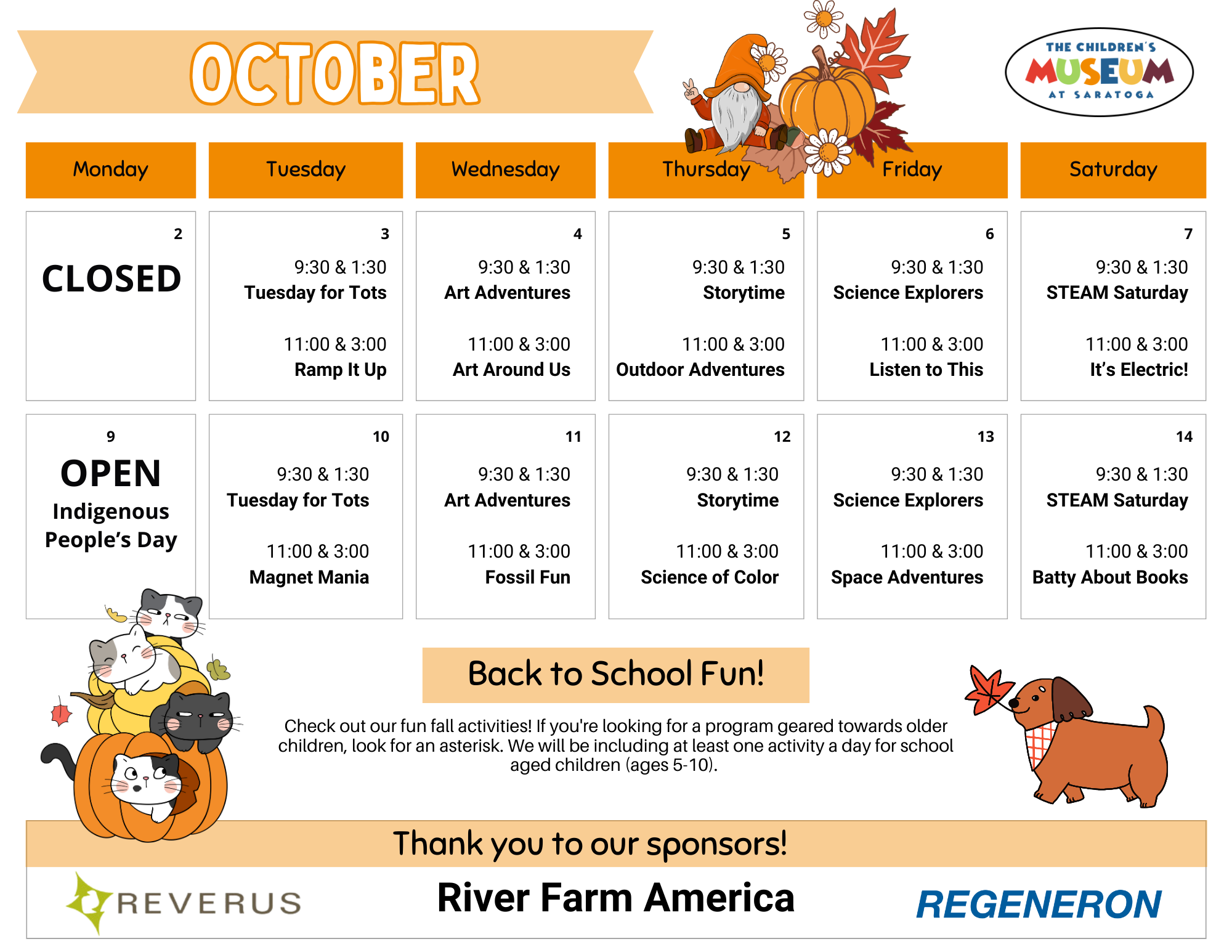 October 2023 calendar of events at the Children's Museum at Saratoga