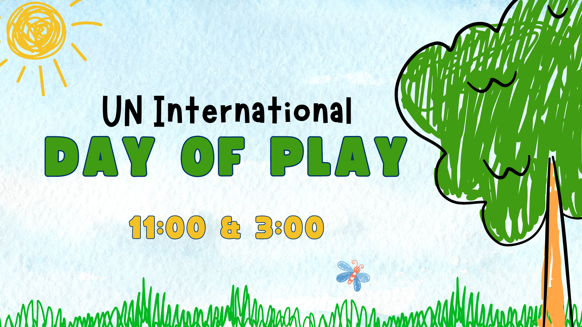UN International Day of Play A drawing of a tree and sun with the words "UnInternational Day of Play"